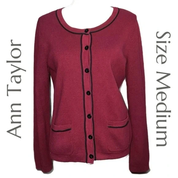 Ann Taylor - Burgundy Cardigan Sweater - Trim Detail Front Pockets - Size Medium - Picture 3 of 8